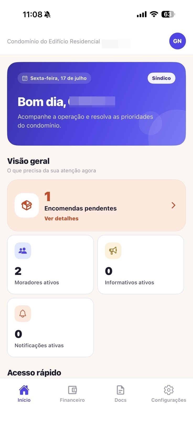 Tela inicial do aplicativo SODICON para síndicos